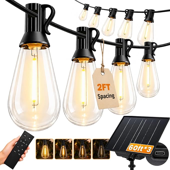 Solar String Lights Outdoor Waterproof, 180FT(3*60) 78 LED S14 Shatterproof Edison Bulbs, 2FT Spacing, 3 Modes, Dimmable, Timer, USB Solar Powered Hanging Patio Lights for Outside, Backyard