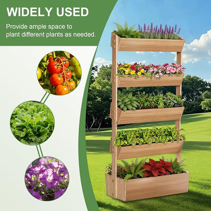 Baotree 5 Tiers Vertical Wooden Raised Garden Bed, Tiered Standing Garden Planters Outdoor, Garden Tower Wooden Planter Box for Planting Herbs Flowers Vegetables Indoor Outdoor Gardening