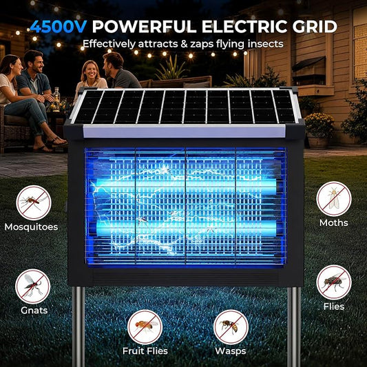 Solar Bug Zapper Outdoor, 4500V Waterproof Mosquito Zapper with 10W Solar Panel, Cordless Rechargeable Electric Fly Zapper, Mosquito Killer Lamp with Auto Sensor for Patio, Backyard, Garden, Camping