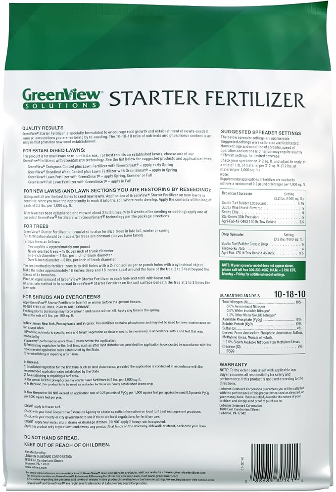 GreenView Solutions Starter Feritlizer 16 lb. Bag, Covers 5,000 sq. ft. | 10-18-10 NPK formula - Ideal for newly seeded lawns and bare spots - Feeds the lawn for up to 8 weeks