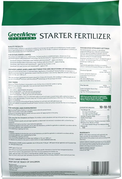 GreenView Solutions Starter Feritlizer 16 lb. Bag, Covers 5,000 sq. ft. | 10-18-10 NPK formula - Ideal for newly seeded lawns and bare spots - Feeds the lawn for up to 8 weeks