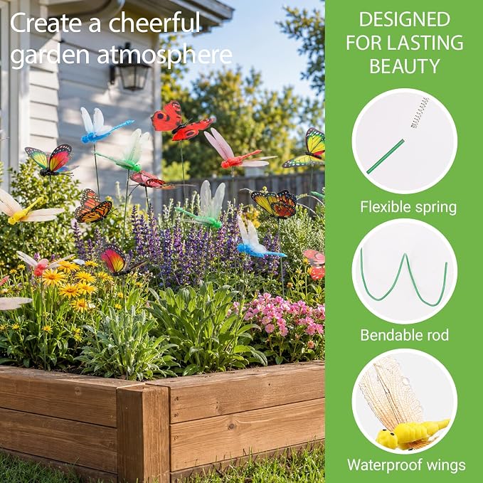30PCS 3D Dragonfly Garden Stakes Butterfly Garden Stakes for Outdoor Decor | Waterproof Dragonfly Butterfly Decorative Garden Stakes for Flower Arrangements Outdoor Indoor Spring Garden Decor