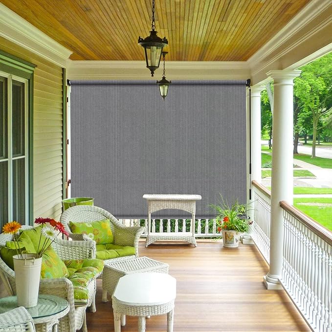 Shade&Beyond Outdoor Roller Shades with Splicing Design, 8' W x 8' H Cordless Patio Roll Up Blinds, Exterior Shade Cloth Roll for Porch, Gazebo, Pergola, Balcony, Gray