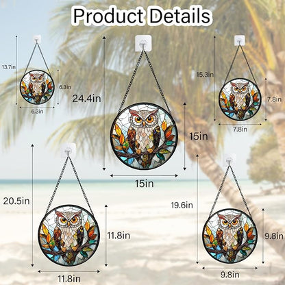 DASTOLL Stained Glass Window Hanging, Owl Colorful Leaves Birds Sun Catchers Diamond Glass Panel Hangings Suncatcher Decor for Birthday for Women, Men, Wife, Aunt, and Mom 6.3 in