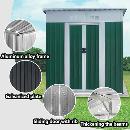 YOPTO 5X3 FT Outdoor Storage Sheds,Metal Small Mini Sheds with Pent Roof and Sliding Door, Garden Tool House W/Lockable Door & Vents,Waterproof Kit for Backyard Lawn Barbeque Bike,Green