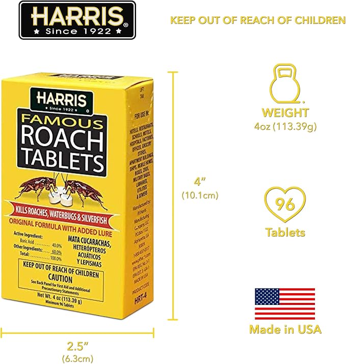 Harris Roach Tablets, Boric Acid Roach Killer with Lure for Insects (4oz, 96 Tablets)