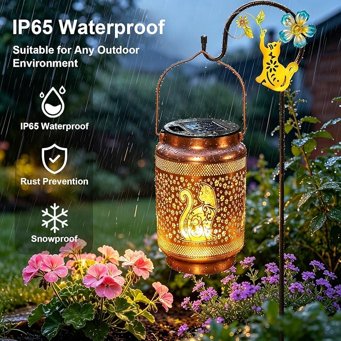 2 Pack Cat Solar Lanterns Outdoor Waterproof Solar Garden Decor, Birthday Gifts for Women Mom Grandma, Metal Hanging Lights with Shepherd Hook for Outside Yard Patio Pathway Backyard