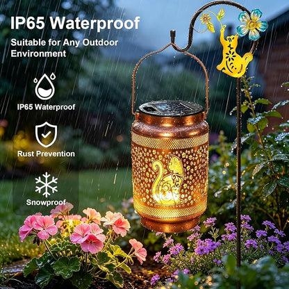 2 Pack Cat Solar Lanterns Outdoor Waterproof Solar Garden Decor, Birthday Gifts for Women Mom Grandma, Metal Hanging Lights with Shepherd Hook for Outside Yard Patio Pathway Backyard