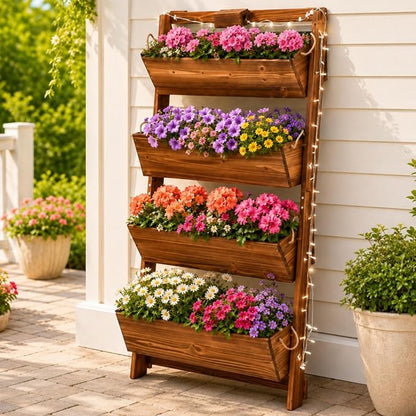 4-Tier Wall Planter with Colorful LED Lights and Timer | 51-Inch Vertical Raised Garden Bed with Tilt-Out Boxes& Drainage Holes for Vegetables Herbs Flowers Patio