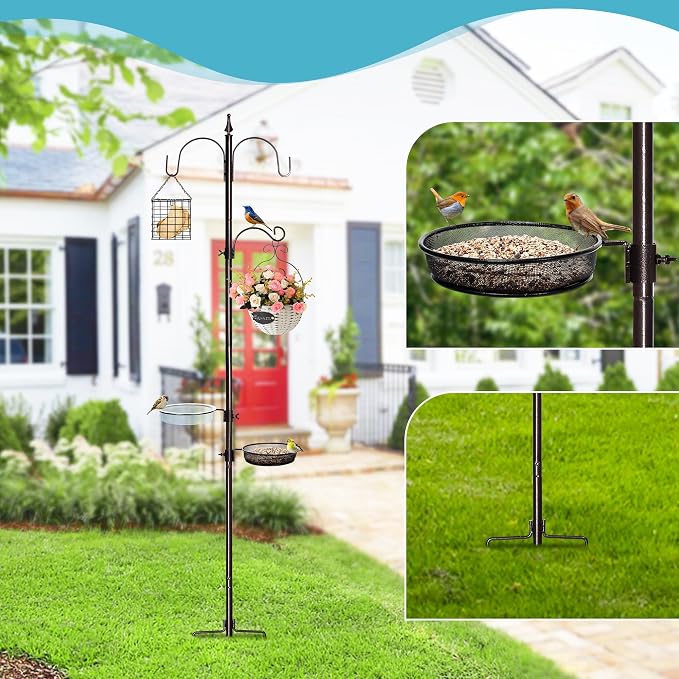 YINGYM Bird Feeder Stand Pole,77 Inch Feeding Station Kit for Outside, Wild Bird Feeder Hanging Kit with Metal Suet, Bird Bath and Mesh Tray, 3-Prong Base