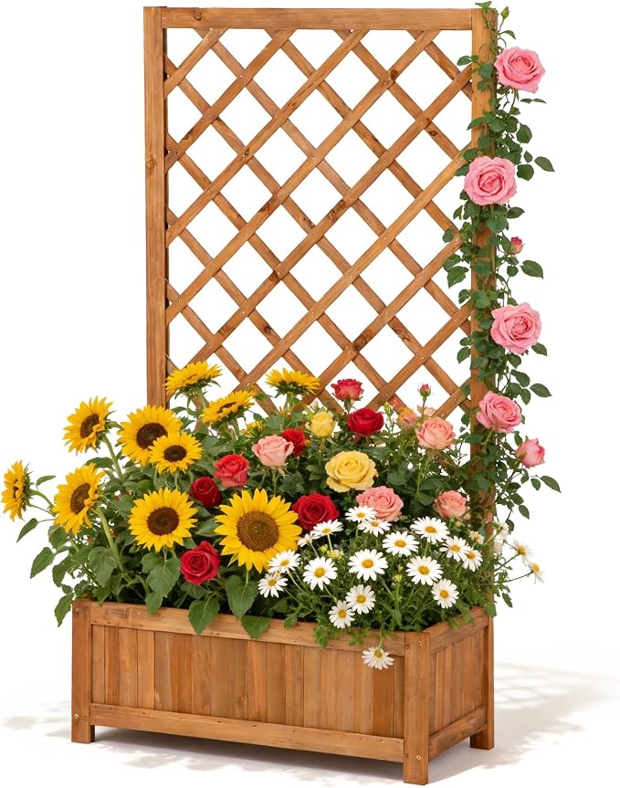 Wooden Raised Garden Bed with Trellis, 47" Outdoor Planter Box for Climbing Plants, Vertical Warm Brown Garden Planter for Vegetables, Flowers & Vines, Lattice Plant Support for Patio Yard Balcony
