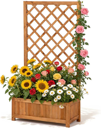 Wooden Raised Garden Bed with Trellis, 47" Outdoor Planter Box for Climbing Plants, Vertical Warm Brown Garden Planter for Vegetables, Flowers & Vines, Lattice Plant Support for Patio Yard Balcony