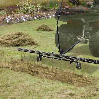 VEVOR Tow Behind Dethatcher, 60-inch Lawn Dethatcher Rake with 24 Steel Tines for ATV or Mower, Heavy Duty Q235 Steel Tow Behind Lawn Rake with Lift Handle for Farm Leaves, Pine Needles, and Grass