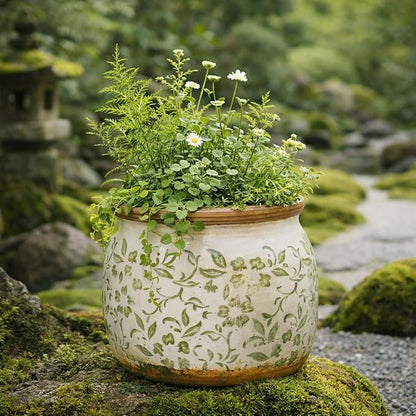 Vintage Ceramic Flower Pots - Indoor Outdoor Planters with Drainage Holes & Filter Screen, 6.5’’& 9’’ Rustic Farmhouse Decorative Plant Pots for Garden/Patio (Green Vines, Small to Large Bundle)