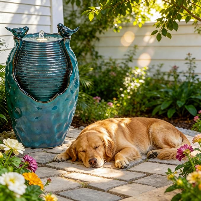 Autodaya 25" H Jar Ceramic Outdoor Water Fountain with LED Lights and Birds | Elegant Turquoise Glaze with Bubble-Like Texture, Decorative Garden Water Feature, cascading water flow for yard sanctuary