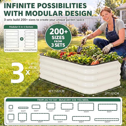 3 Pcs Raised Garden Beds Outdoor, 17" Tall 3-in-1 Modular 4x2ft Galvanized Metal Planter Box with Bracing Rods and Gloves for Vegetables Flowers Herbs, White