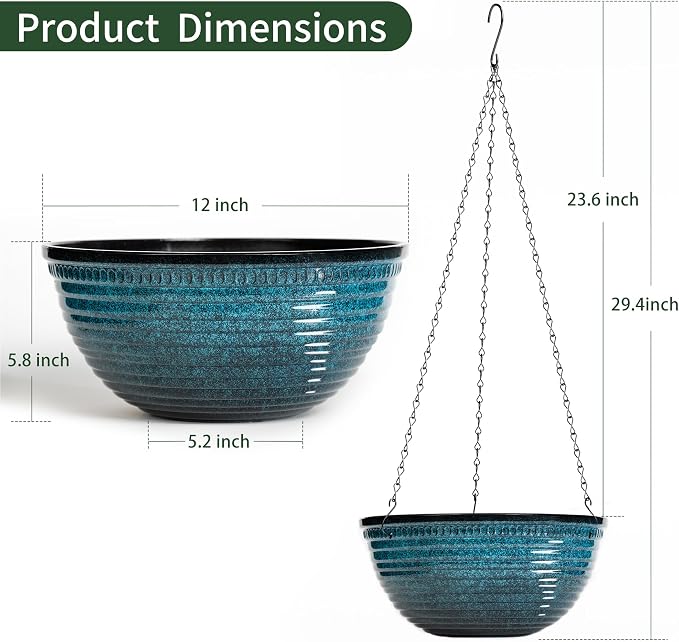 Vanslogreen 12 inch Hanging Planters for Indoor Outdoor Plants, 2 Pack Large Hanging Flower Pots with Drainage Holes and Chain, Glazed Hanging Baskets for Home Garden Decoration, Blue