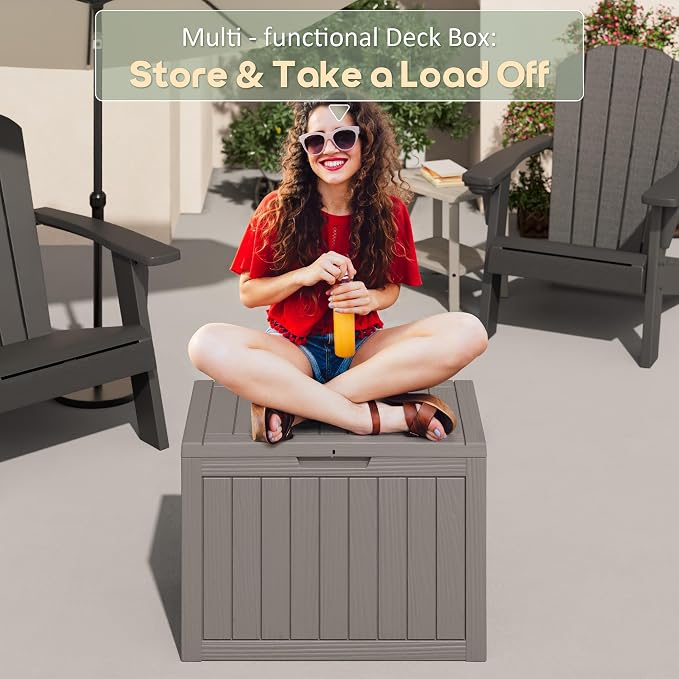 NUNU LAB Outdoor Storage Box, 45 Gallon Outside Deck Box Waterproof, Resin Outdoor Storage Cabinet With Lockable Lid, Backyard Storage Bench For Garden Tools, Patio Cushions, Pool Tools, Gray