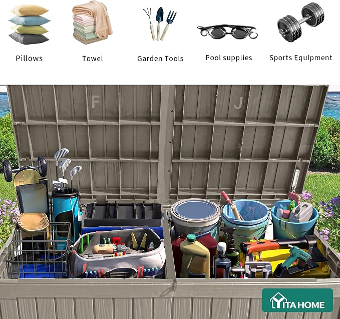 YITAHOME 180 Gallon Large Outdoor Storage XL Deck Box w/Divider for Patio | Outdoor Cushions, Garden Tools, Sports Equipment and Pool Supplies, Waterproof, Resin, Lockable, Taupe