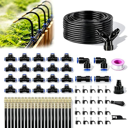 5/16" Drip Irrigation System 100 ft with 20-Pcs 360° Adjustable Copper Nozzles, Automatic Misting Watering System for Garden, Raised Beds, Greenhouse (100ft+20 nozzles)