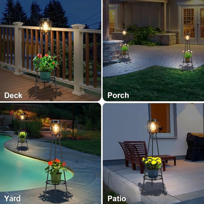 VISFLAIR Solar Lights with Plant Stand, Outdoor Floor Lamp, Waterproof Solar LED Edison Bulb Light Flower Shelf for Patio Porch Deck Yard Garden Decor-1 Pack