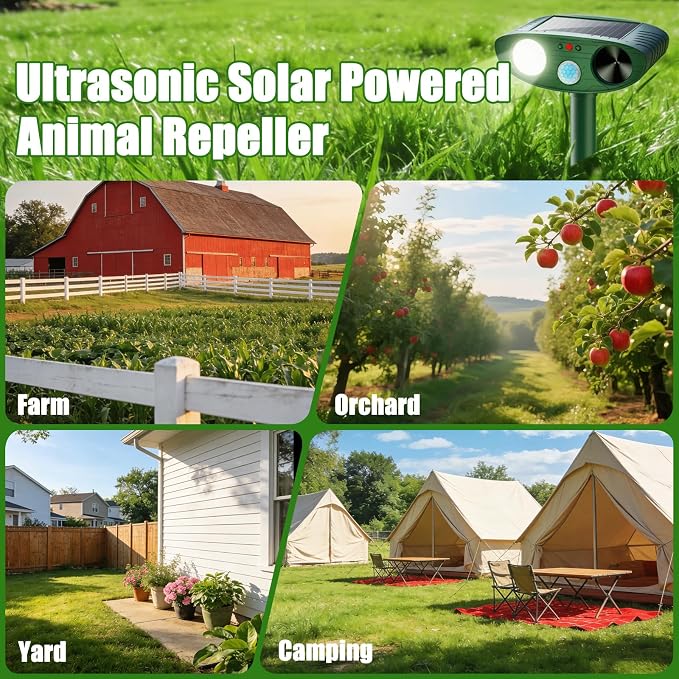 2026 Upgraded Ultrasonic Solar Animal Repellent Outdoor, Deer Repellent Devices Squirrel Cat Raccoon Rabbit Dog Deterrent with Motion Sensor Flash Light for Yard Garden Lawn