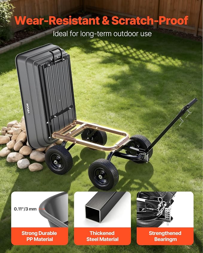 VEVOR 7 Cu.Ft 1200LBS Poly Garden Cart Dump Wagon, Heavy Duty Wheelbarrow with 2-in-1 Convertible Handle and 13" Flat Free Tires, Utility ATV Trailer Yard Dump Cart Tow Behind for Lawn Mower Tractor