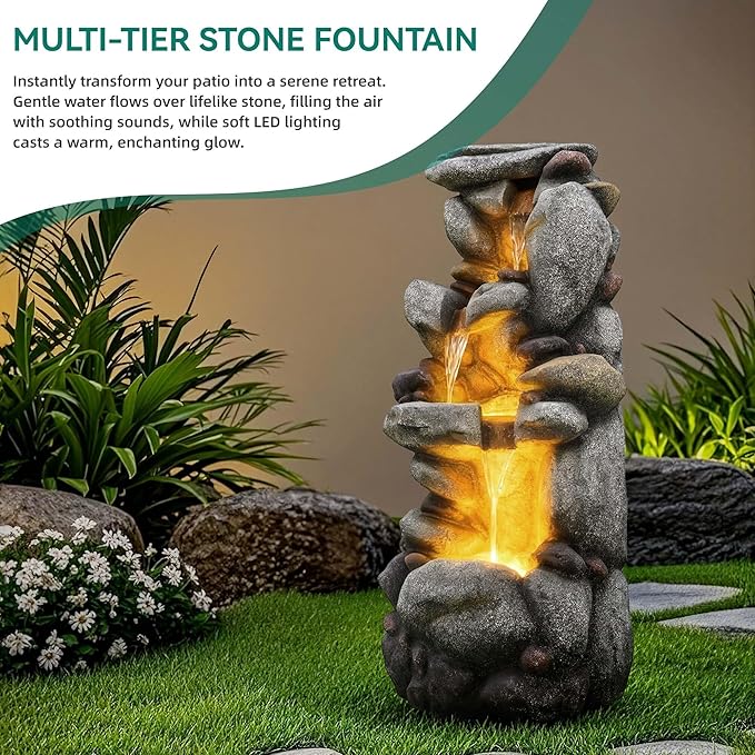 Utym 40" H Oversized Pebbles Rock Outdoor Fountain with Warm LED Lights | 3-Tier Extra-Large Stacked Pebbles River Waterfall with Cascading Water Feature for Garden Patio Yard and Backyard