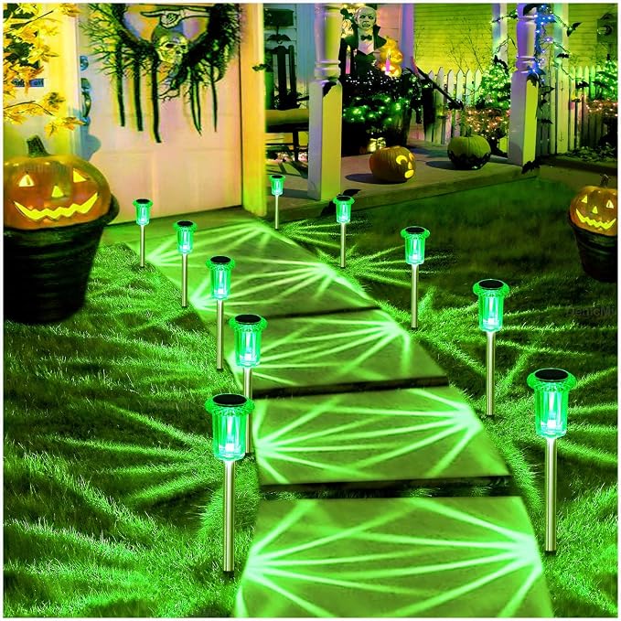 DenicMic Solar Halloween Lights Outdoor 10 Pack Green LED Halloween Decor | Yard Garden Pathway Walkway Patio Lawn, Spike Style Starburst Pattern, Acrylic/Stainless Steel Halloween Decorations Outdoor
