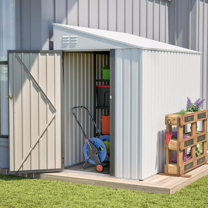 YOPTO 4x7 FT Lean to Storage Shed, Outdoor Metal Wall Side Storage Sheds with Lockable Door,Small Garden Tool Shed for Backayrd, Patio,Lawn,Easy Assembly,White
