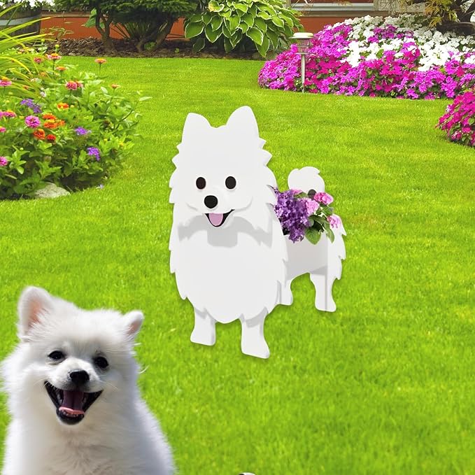 White Pomeranian Dog Planter Pots, 9.45 x 6.65 x 12.13 Inches | Dog Flower Pot, Cute Animal Shaped Plant Pot, Gifts for Women & Pet Lovers, Indoor Outdoor Garden Home Office Decor