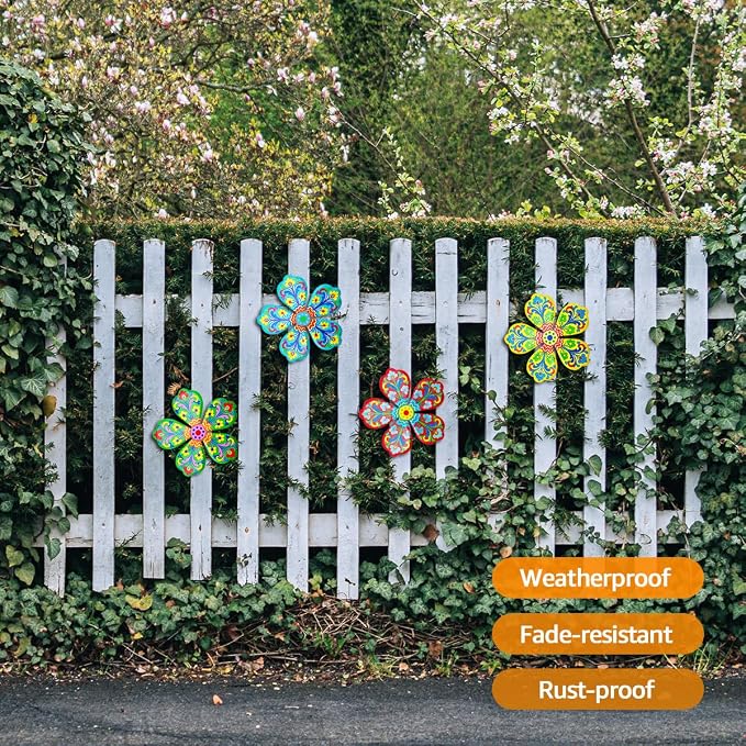 Giyyomtr Metal Flowers Wall Decor - 4pcs Metal Flower Wall Art Hanging Decorations for Outdoor Fence Garden Yard Patio Decor