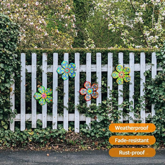 Giyyomtr Metal Flowers Wall Decor - 4pcs Metal Flower Wall Art Hanging Decorations for Outdoor Fence Garden Yard Patio Decor