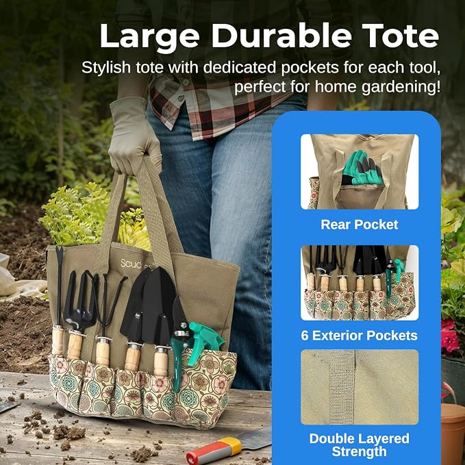Scuddles All-in-One Garden Tool Kit with Tote Bag and Claw Garden Gloves | Stainless steel hand tools, claw gloves and reinforced tote for planting, pruning, digging and garden maintenance