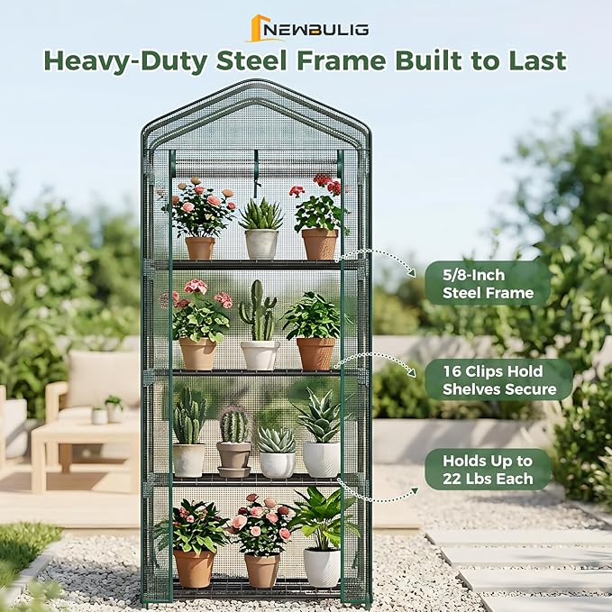 NEWBULIG Mini Greenhouse with Durable PE Cover Roll-up Zipper Door 4 Tier, 27"x19"x63" Small Greenhouse for Outdoors Indoor Balcony, Porch, Garden, Patio, Backyard Green Houses, Green