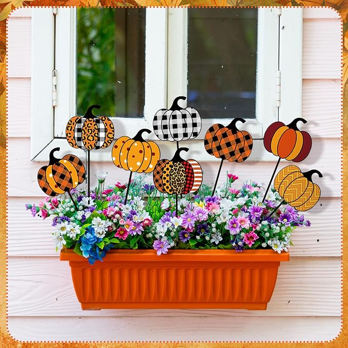 10 Pcs Fall Pumpkin Metal Garden Stakes Autumn Colorful Pumpkin Yard Signs Thanksgiving Decorative Garden Stakes Harvest Metal Yard Signs for Indoor Outside Porch Lawn Decor