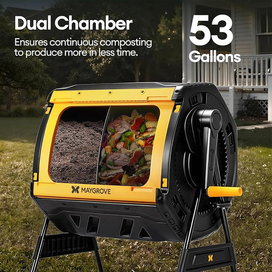 Maygrove Outdoor Compost Bin 53 Gallon, Dual Chamber Large Compost Tumbler for Garden Backyard, with 360° Rotating, Sliding Doors & Solid Steel Frame, Updated Instructions