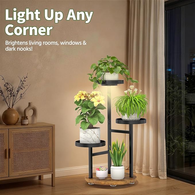 LASZOLA Plant Stand Indoor Corner with Grow Light, Heavy Duty 3 Tier Wooden Flower Holder Rack for Mutiple Plants, Planter Display Shelf for Patio Garden Balcony Living Room, Black