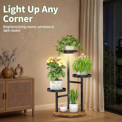LASZOLA Plant Stand Indoor Corner with Grow Light, Heavy Duty 3 Tier Wooden Flower Holder Rack for Mutiple Plants, Planter Display Shelf for Patio Garden Balcony Living Room, Black