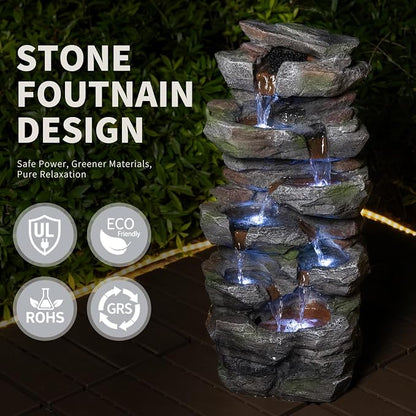 Rock Waterfall Outdoor Fountain with LED Lights, Tiered Resin Garden Water Fountain with Pump, Cascading Stone Look Water Feature for Patio Lawn Backyard Porch Decor