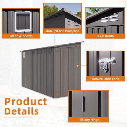 Outdoor Metal Storage Shed, Galvanized Steel Garden Shed with Sloped Roof & Air Vents, Waterproof Rust-Resistant Backyard Tool Storage House for Patio Lawn Garden Trash Can Storage, Easy Assembly