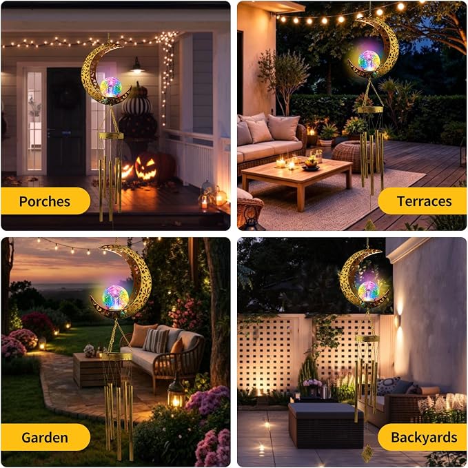 Solar Moon Wind Chimes for Outside Color Changing Unique Birthday Mom Gifts for Women Mom Grandma Crackle Glass Ball LED Wind Chimes Solar Lights Outdoor Garden Decor Light for Patio Yard Backyard