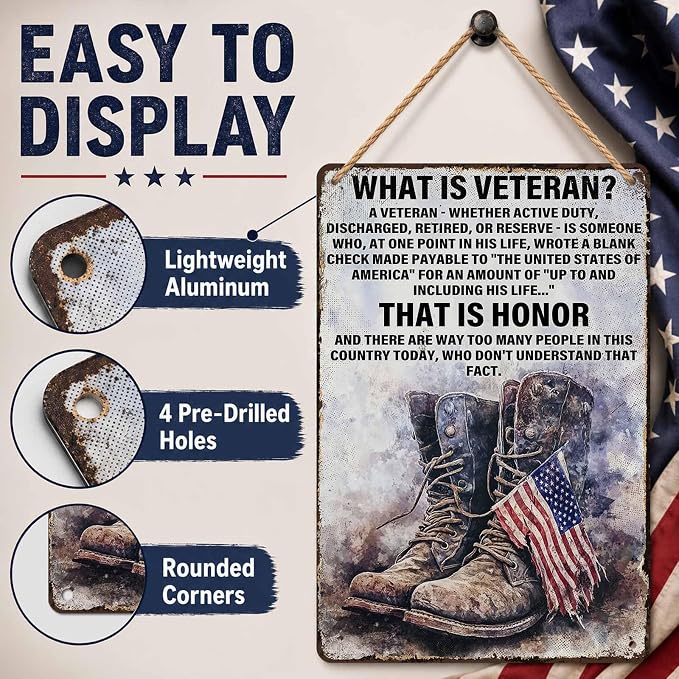 PEACHGARDEN Military Decor What Is a Veteran Patriotic Metal Sign, Military Wall Decor Veteran Metal Sign for Home Office Man Cave, Army Memorabilia 12 x 8 Inch