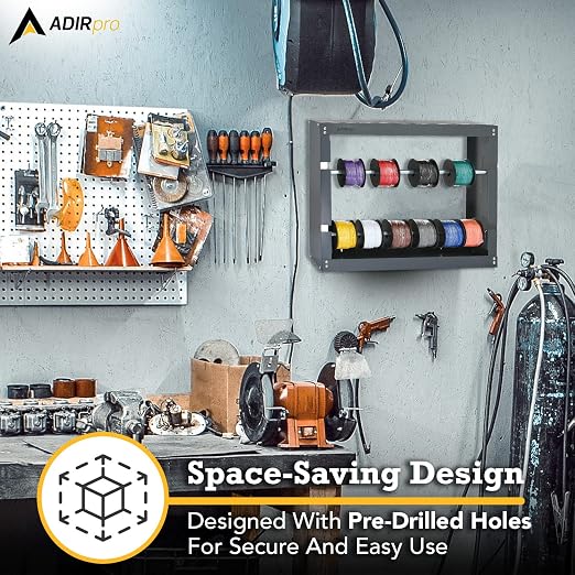 AdirPro Wire Spool Rack, 2-Rod | Heavy-Duty Wire & Cable Dispenser | Conduit Display & Storage for Electrical, Industrial & Retail Use | Grey