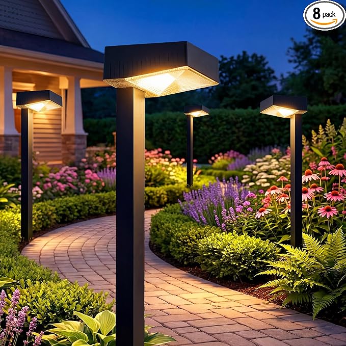 Solar Pathway Lights Outdoor: 8 Pack 80LM Bright Walkway Lighting | 27.4-in Max Height with 3 Adjustable Levels - IP65 Waterproof 12H Lasting - 2700K Warm White 2 Modes Garden Driveway Clearly