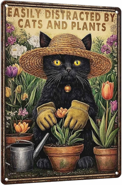 PEACHGARDEN Funny Garden Signs with Cats for Outside Sign Easily Distracted by Cats and Plants Vintage Metal Wall Art for Home Farmhouse Kitchen Outdoor Gift 8x12inch