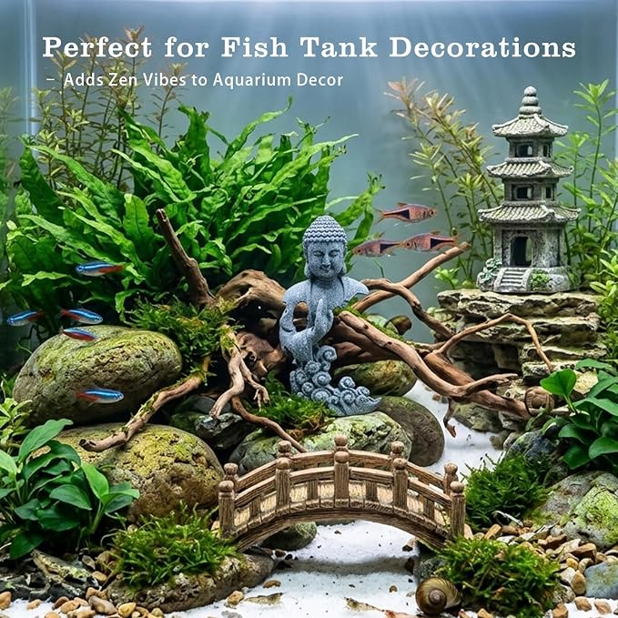 LIYAOLI Sandstone Buddha Statue for Fish Tank Decorations, Aquarium Decor with Auspicious Cloud, Betta Fish Tank Accessories, Zen Monk Sculpture for Home Office Feng Shui, Good Luck Wealth