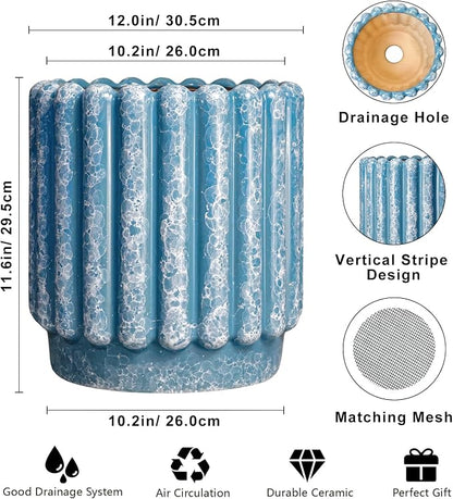 Ceramicfor Ceramic Planter, 12 Inch, Blue | Drainage Hole, Round Large Flower Pot, Fluted Decorative Design, Indoor Outdoor Use