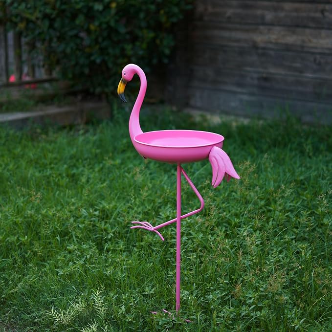 41 in Tall Flamingo Outdoor Bird Bath, Metal Bird Bath Bowl, Bird Feeder or Drinker Plate with Metal Stake, Home Garden Lawn Yard Decorations (Pink)