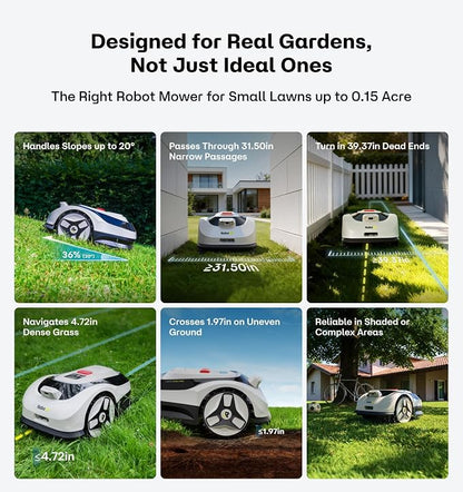 Raccoon 2 SE Robotic Lawnmower for 0.15 Acre, Wire Free Robot Mower with AI Obstacle Avoidance, APP-Free One-Button Operation, 1.18"-3.15" Adjustable Height, Low Noise, Ideal for Small Lawns